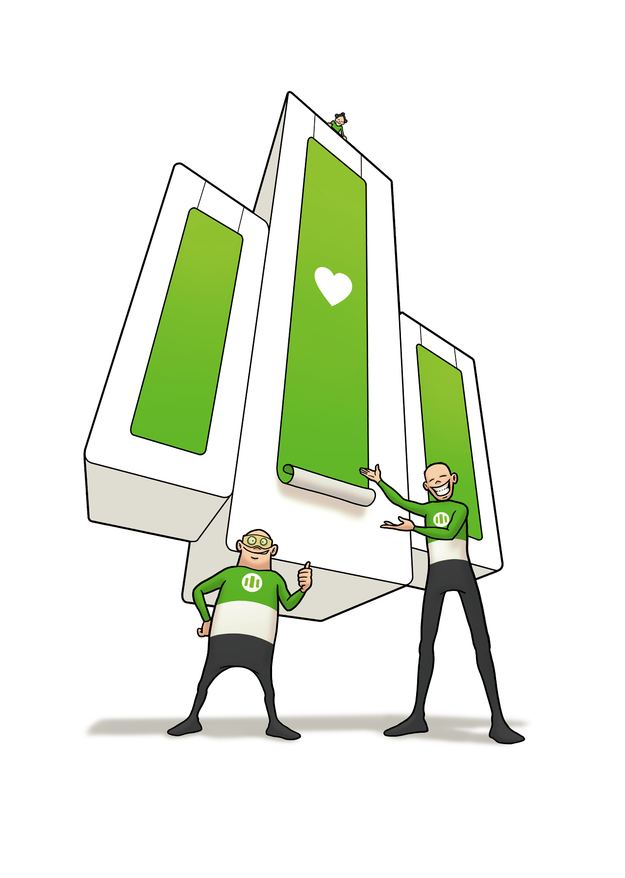 Illustration von Bringmann & Kopetzki: zwei Helden stemmen das DRUCKSTADT-Logo als Banner